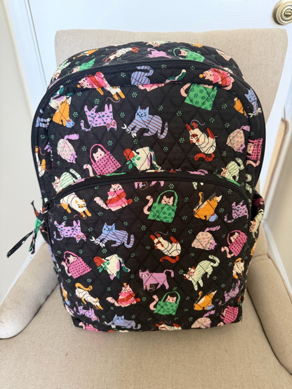 Vera Bradley Quilted Essential Large Backpack in Cotton Multicolor Cat Print